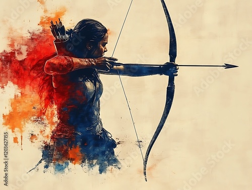 Captivating archery design, archer drawing a bowstring, aiming at a distant target, white background ::2 precision and focus, arrow flight, bullseye ambition, woodland setting, black background, 