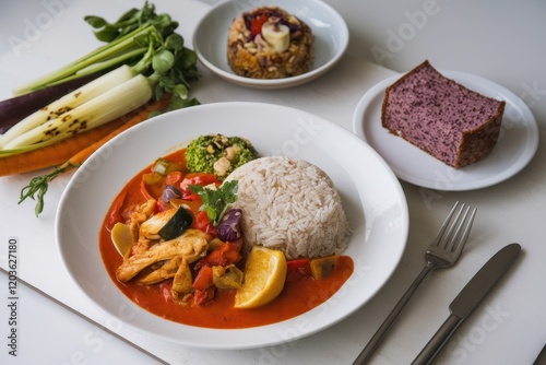 Delicious Meal Featuring Curry Rice Vegetables and Bread