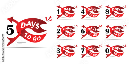 Days to go desing Countdown of days 1,2,3,4,5,6,7,8,9,10. The days left badges. A countdown is going on, one day I left a badge and a label to calculate the date of work. Offer time banner with red,