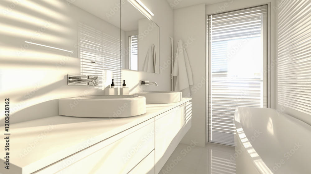 Elegant modern bathroom featuring a white vanity with a sleek ceramic sink and contemporary fauce Elegant modern bathroom featuring a white vanity with a sleek ceramic sink and contemporary fauce