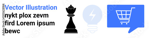 Chess piece, light bulb, and shopping cart in blue speech bubble. Ideal for themes of strategy, innovation, online shopping, technology, communication, marketing, brainstorming. Landing page
