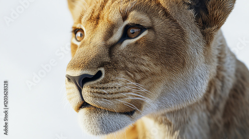 Close-up of a lion cub isolated on a white background, high-quality stock image, ideal for commercial use, created with Generative AI. photo