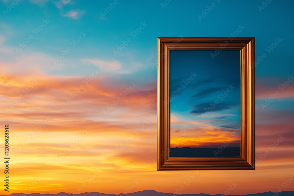 A surreal landscape featuring a golden frame reflecting a colorful sunset sky, creating an illusion of an open canvas. A surreal landscape featuring a golden frame reflecting a colorful sunset sky, creating an illusion of an open canvas.