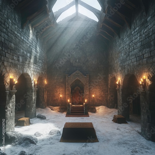 Majestic Medieval Throne Room with Radiant Sun Tapestry and Symmetrical Torchlight photo