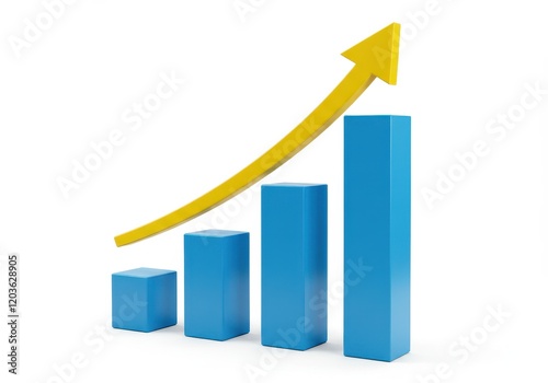 A 3D illustration of a bar chart with three vertical blue bars accompanied by a yellow upward arrow Free Download A 3D illustration of a bar chart with three vertical blue bars accompanied by a yellow upward arrow - GFXLoad