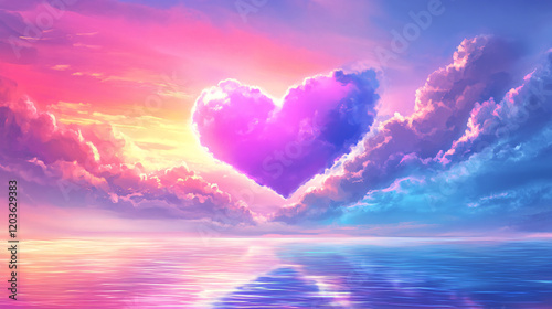 A dreamy Valentine’s Day sky with a heart-shaped cloud, pink-blue hues, whimsical clouds, and serene water reflections. photo