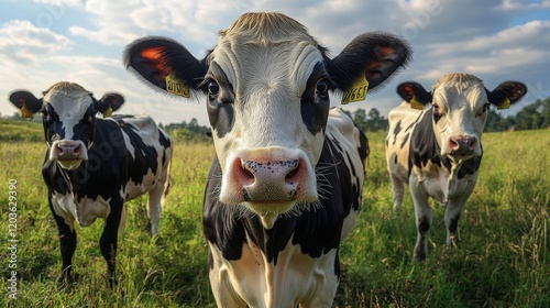 Three inquisitive cows stare at the camera in a serene grassy field on a sunny day with a partly cloudy sky