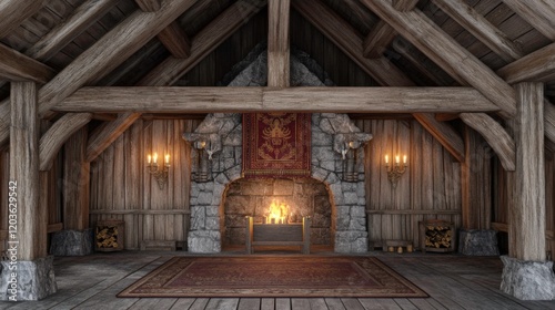 Majestic Medieval Throne Room with Radiant Sun Tapestry and Symmetrical Torchlight photo