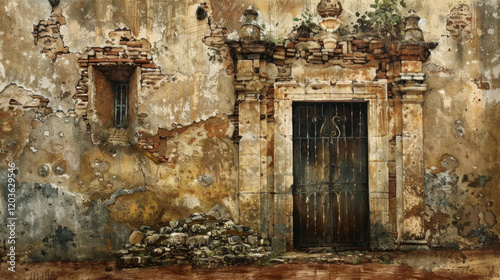 weathered wall with rusty gate, crumbling bricks, and stones, showcasing beauty of decay and history. textures and colors evoke sense of nostalgia and timelessness