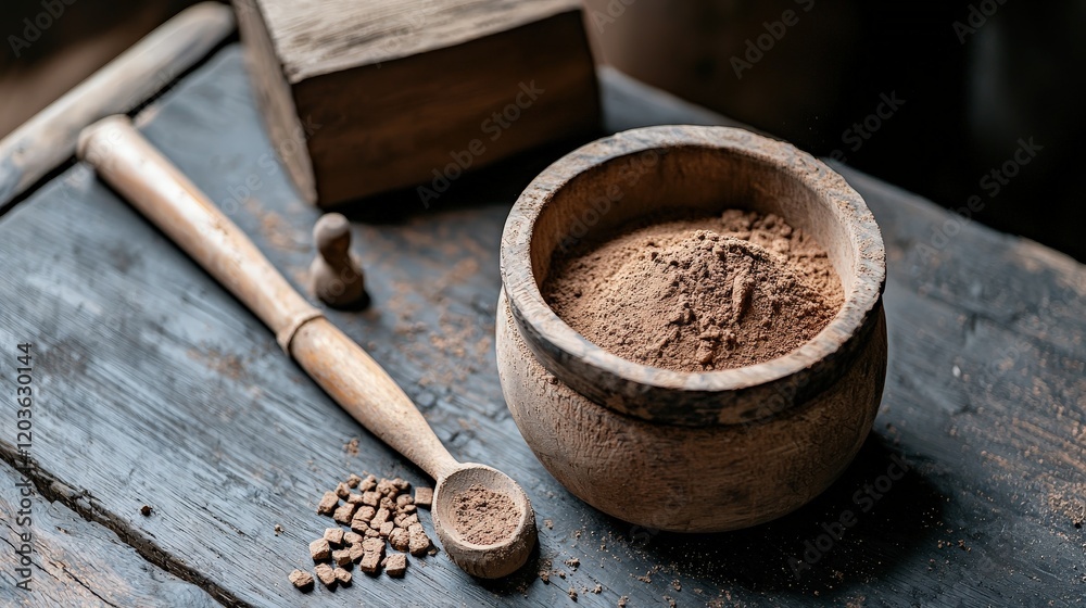 Wooden bowl filled with cocoa powder and a scoop on a textured surface for culinary purposes Wooden bowl filled with cocoa powder and a scoop on a textured surface for culinary purposes