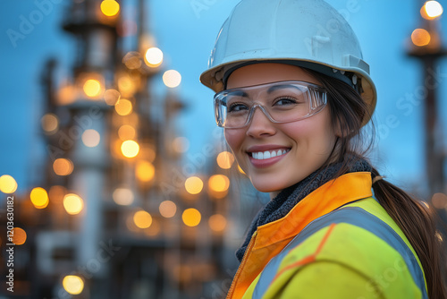 Smiling Woman in Yellow Jacket and White Helmet at Oil and Gas Plant photo