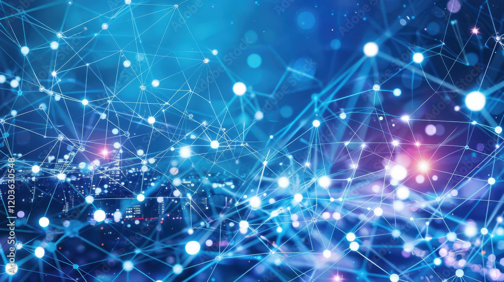 Fototapeta premium Digital network connections with glowing nodes and lines create futuristic atmosphere. This abstract image represents technology, data flow, and connectivity vibrant blue and purple color scheme