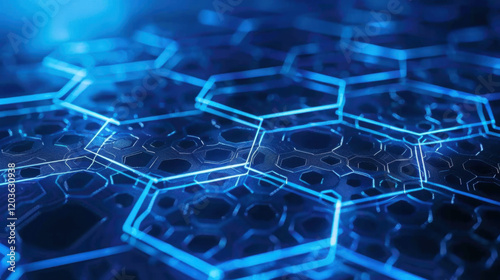 Futuristic hexagonal pattern with glowing blue lines and dark background, creating tech inspired design photo