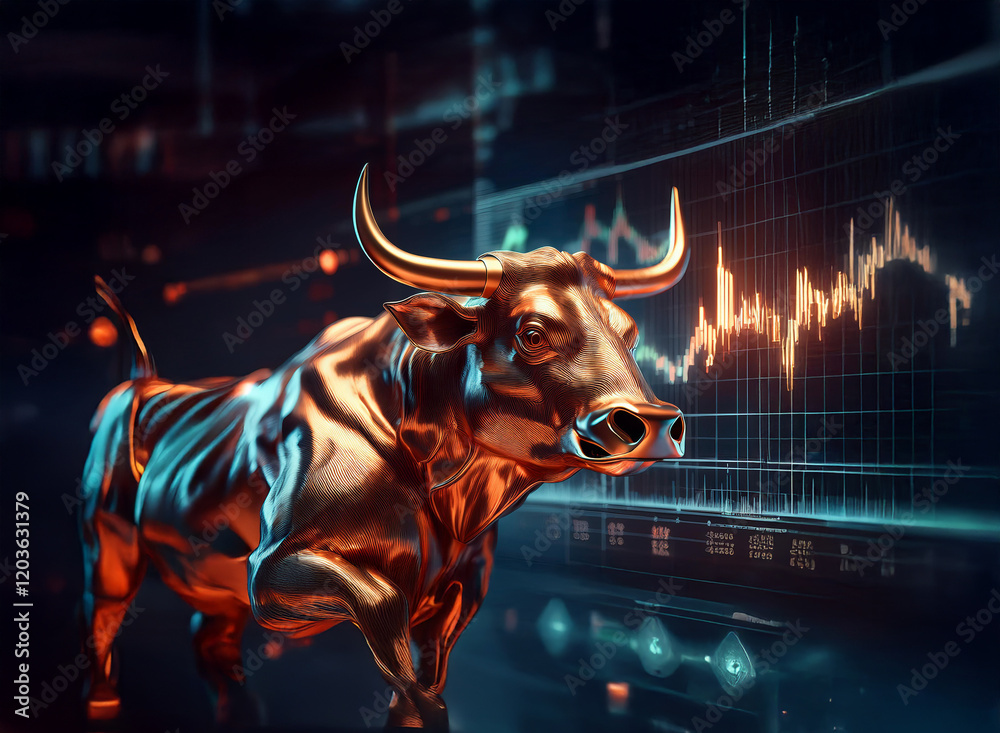 A bronze bull, symbol of a bullish market, stands before a dynamic stock market chart displaying fluctuating prices and trends. The scene evokes financial growth and investment. A bronze bull, symbol of a bullish market, stands before a dynamic stock market chart displaying fluctuating prices and trends. The scene evokes financial growth and investment.