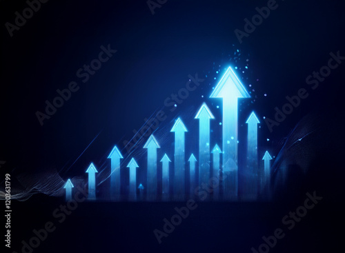 Glowing blue arrows ascend against a dark background, symbolizing growth and progress.  The dynamic lines suggest upward momentum and positive change. photo