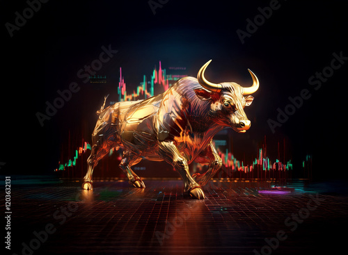 A majestic golden bull statue stands majestically against a backdrop of dynamic financial charts, symbolizing market strength and prosperity. photo