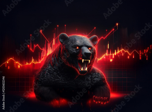 A snarling black bear dominates the foreground, bathed in ominous red light, set against a backdrop of falling stock market charts.  The image symbolizes financial downturn and market bearishness.