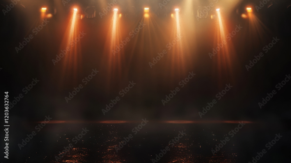 Naklejka premium dramatic stage with warm spotlight beams illuminating dark background, creating inviting atmosphere for performances