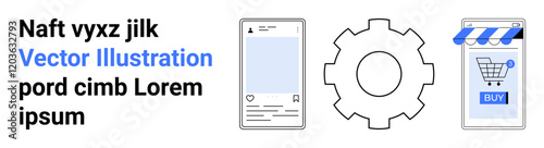 Three main elements include a smartphone screen, a settings gear, and an online shopping cart. Ideal for e-commerce, mobile apps, technology, settings, development, online stores, and landing page