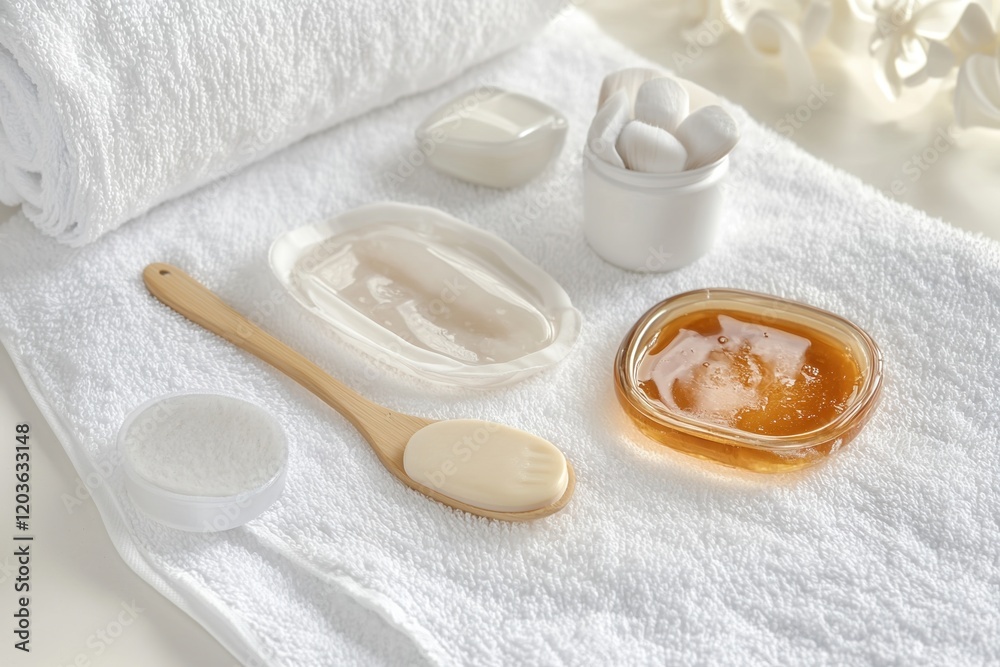 Facial masks and spa accessories arranged on a white towel for relaxation and beauty treatments