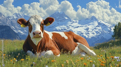 Cows on the alpine pastures of Switzerland, with snow-capped mountains in the background. A brown and white cow is lying down in the grass near the Swiss mountain range with the Swiss Alps landscape