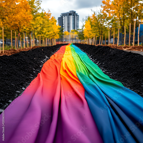 A vibrant rainbow fabric flowing through a scenic autumn landscape, blending nature and creativity in harmony.
