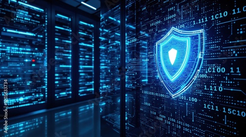 Cybersecurity shield concept. Digital data protection, network security, and data privacy. Futuristic technology background