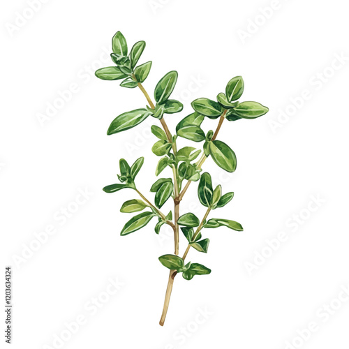 Watercolor illustration of a fresh sprig of Thyme, isolated on a white background, A delicate watercolor illustration of a sprig of thyme with its tiny leaves, Watercolor of a branch of Thyme