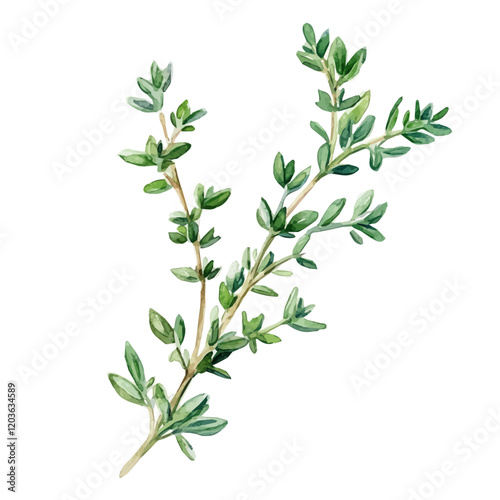 Watercolor illustration of a fresh sprig of Thyme, isolated on a white background, A delicate watercolor illustration of a sprig of thyme with its tiny leaves, Watercolor of a branch of Thyme