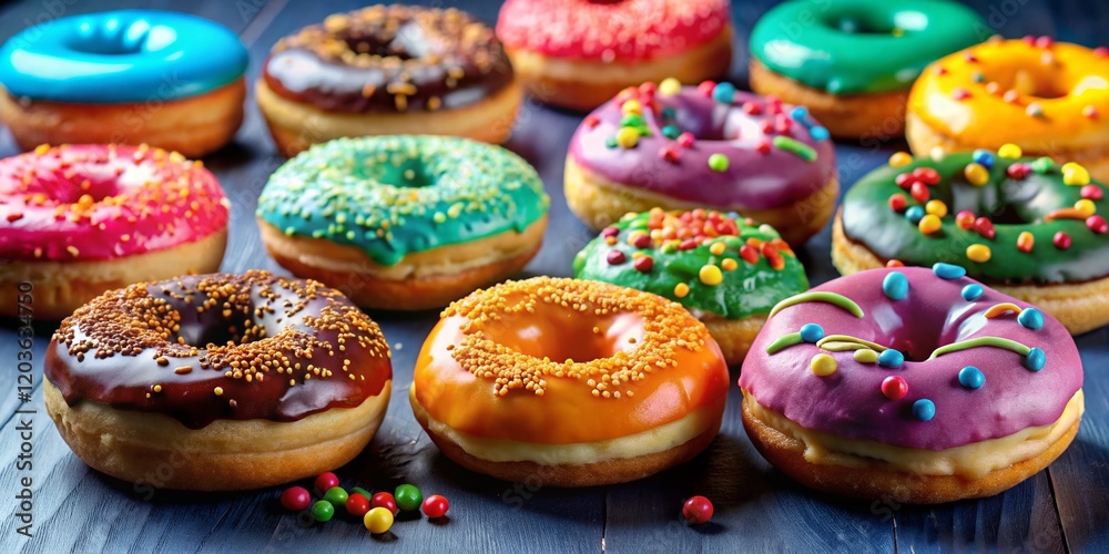 Delicious Fancy Donuts on Display - Gourmet Pastry Shop Treats Delicious Fancy Donuts on Display - Gourmet Pastry Shop Treats