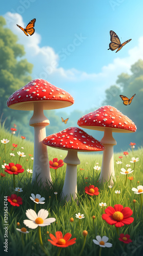 Bright red fly agarics with red caps, surrounded by green grass, flowers and butterflies, under a blue sky.