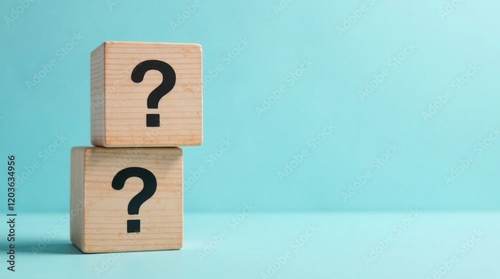 Uncertainties Stacked Wooden Blocks with Question Marks on a Light Blue Background Uncertainties Stacked Wooden Blocks with Question Marks on a Light Blue Background