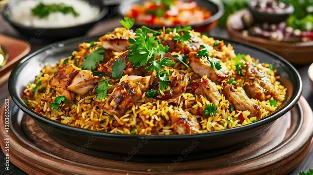 a delicious dish of chicken and seasoned rice a decorative serving bowl a delicious dish of chicken and seasoned rice a decorative serving bowl