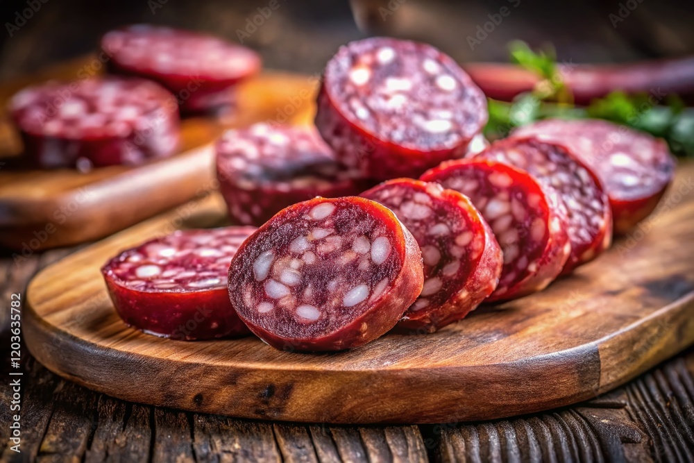 Delicious German Blutwurst Slices on Rustic Wooden Board Delicious German Blutwurst Slices on Rustic Wooden Board