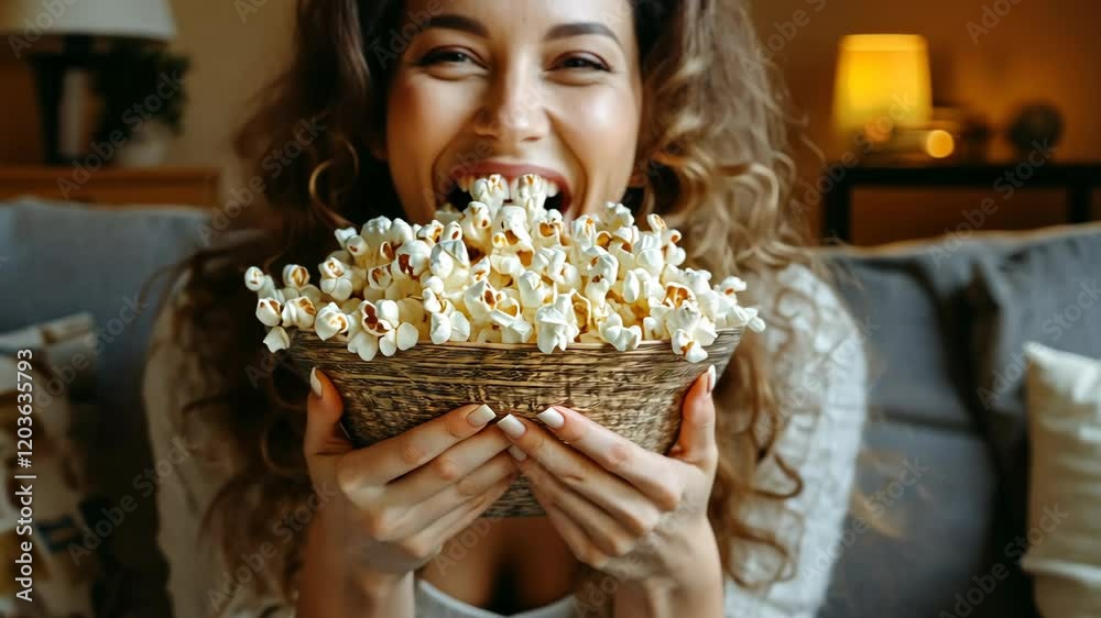 A happy young woman sits on the sofa at home, eating popcorn and watching a movie in the living room at night. The portrait shows a smiling, curly-haired female having fun A happy young woman sits on the sofa at home, eating popcorn and watching a movie in the living room at night. The portrait shows a smiling, curly-haired female having fun