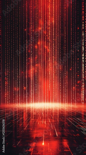 Binary code background  black and red color matrix  with lines creating a technological atmosphere