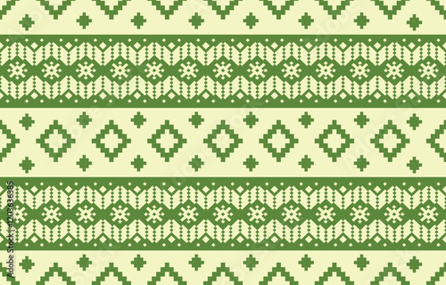 Cute and delicate seamless pixel pattern with floral and geometric motifs. Pink, green, and beige color palette. Suitable for children's products, home decor, digital backgrounds, and pixel art.