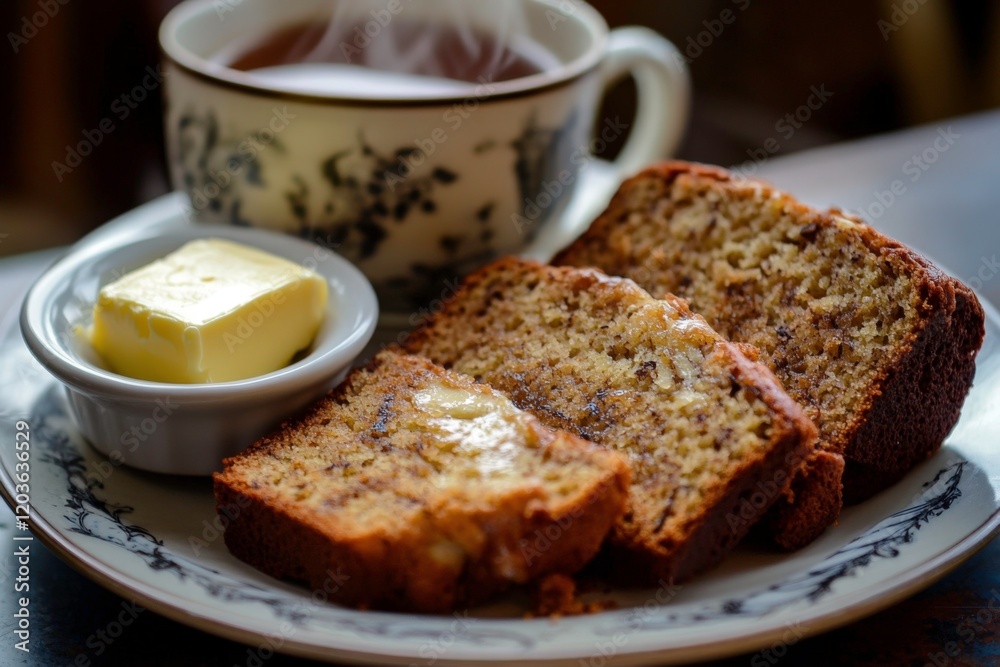 A plate with sliced banana bread, steaming slightly, served with a small bowl of butter and a hot cup of tea, evoking warmth and coziness. A plate with sliced banana bread, steaming slightly, served with a small bowl of butter and a hot cup of tea, evoking warmth and coziness.