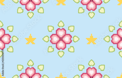 Cute and delicate seamless pixel pattern with floral and geometric motifs. Pink, green, and beige color palette. Suitable for children's products, home decor, digital backgrounds, and pixel art.