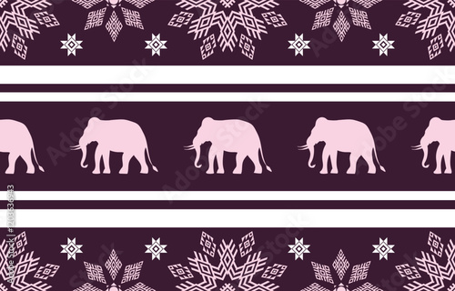 Elephant pattern. Seamless. White stripes, blue background. Ethnicity. Floral patterns, printed fabrics, pants, Lanna.