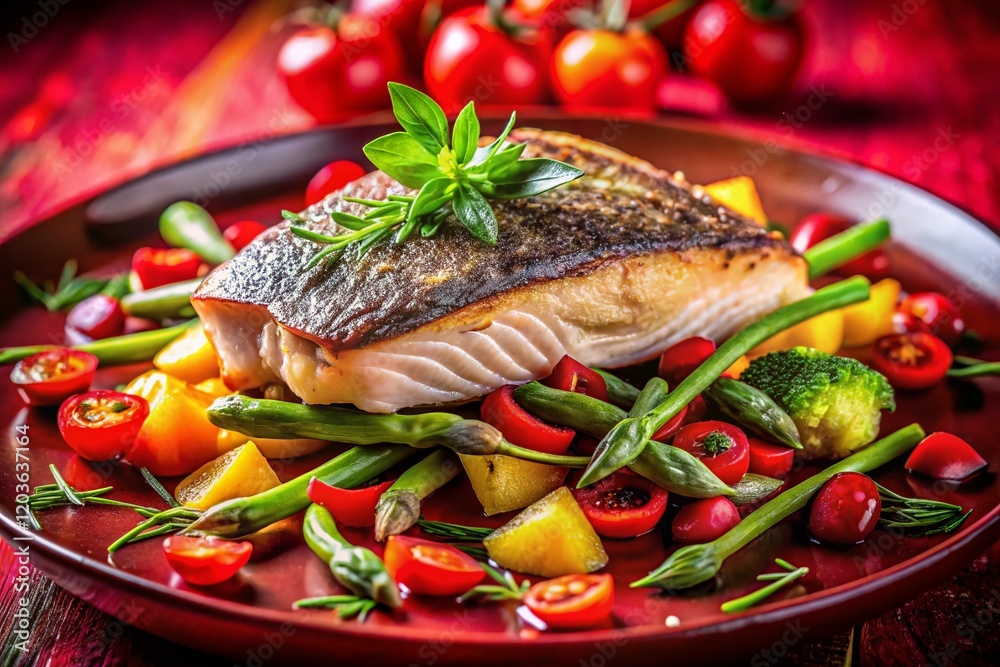 Delicious Grilled Snapper with Colorful Vegetables on Red Background - Stock Photo Delicious Grilled Snapper with Colorful Vegetables on Red Background - Stock Photo