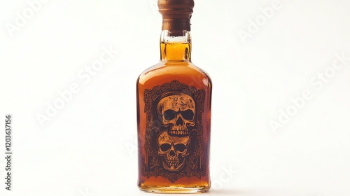 A unique bottle of whiskey featuring intricate skull designs. photo