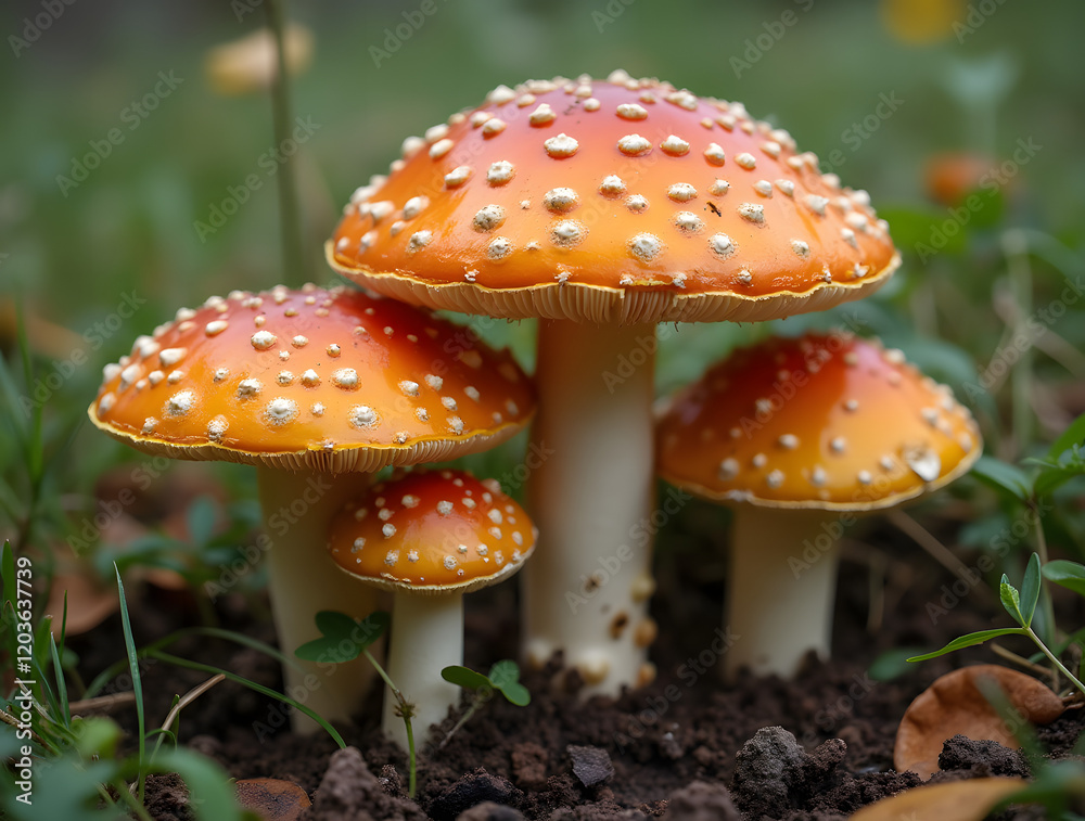 Orange mushrooms with white spots surrounded by grass and natural forest elements. Orange mushrooms with white spots surrounded by grass and natural forest elements.