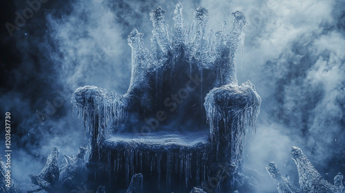 Majestic frozen throne adorned with intricate icicles, surrounded by a mystical winter landscape of cold mist and snow photo