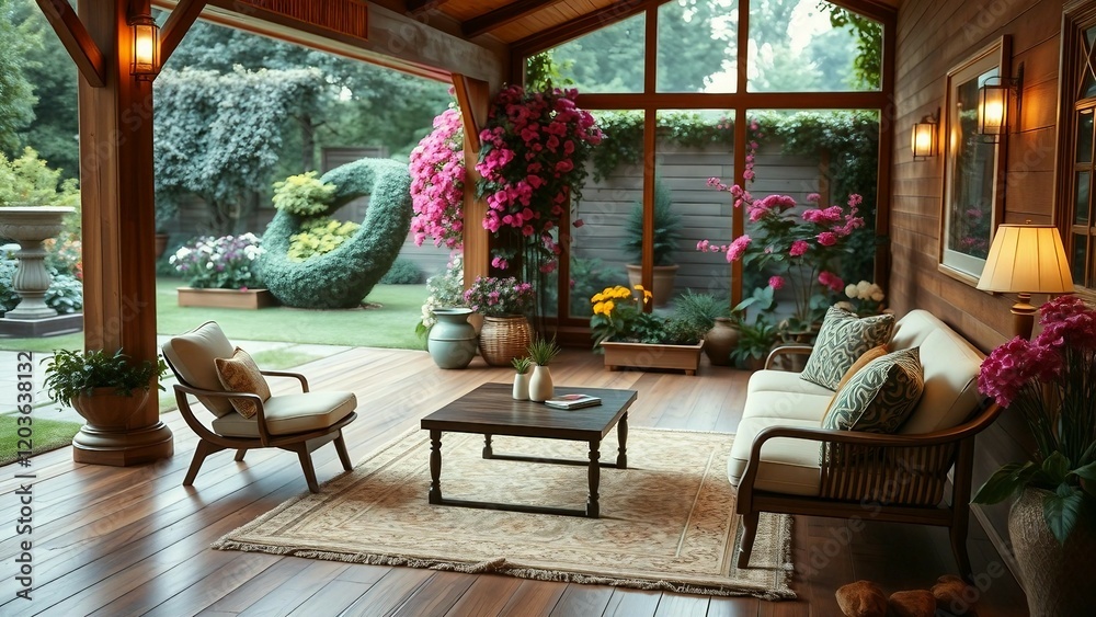 Fototapeta premium A villa floor is wooden texture a cozy space integrated with the garden beautiful flowers seating arrangements 