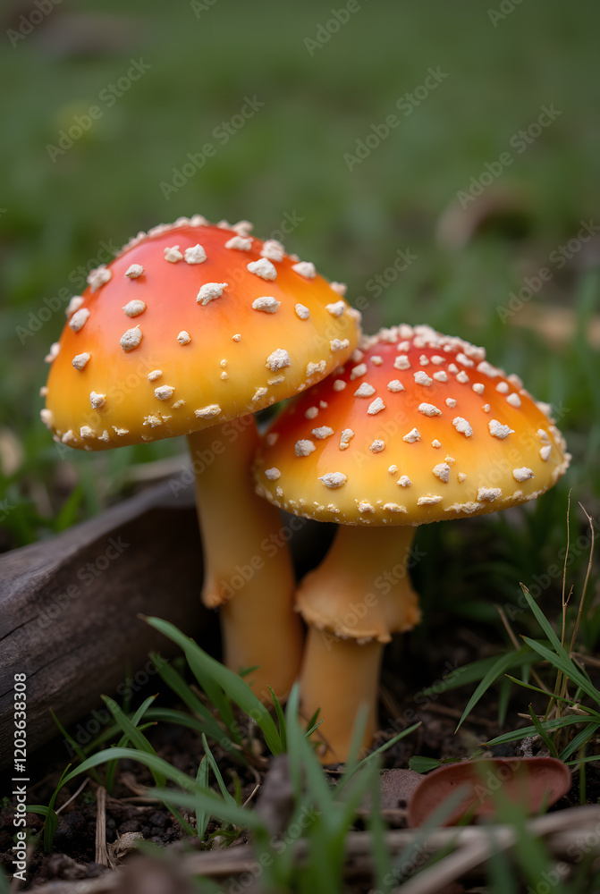 Orange mushrooms with white spots surrounded by grass and natural forest elements. Orange mushrooms with white spots surrounded by grass and natural forest elements.