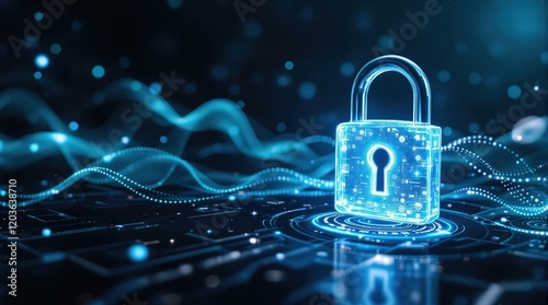 Cybersecurity concept: glowing digital padlock on abstract tech background. Perfect for websites, presentations, and articles on data security, privacy, and protection