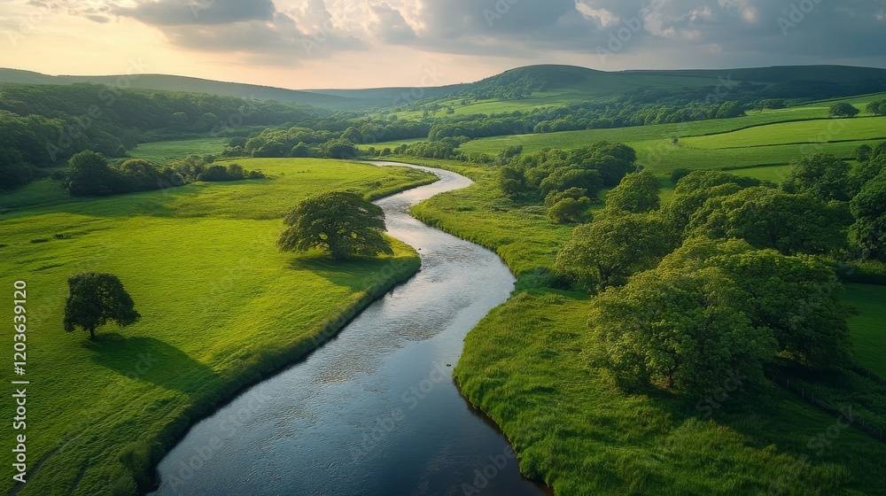 Fototapeta premium Scenic River Valley Landscape with Rolling Hills and Lush Green Fields in a Tranquil Setting