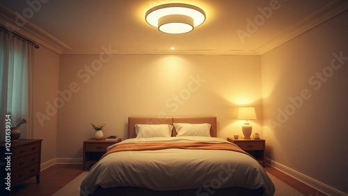 A serene bedroom design bathed in soft warm and comforting mood lighting featuring a minimalist appr photo