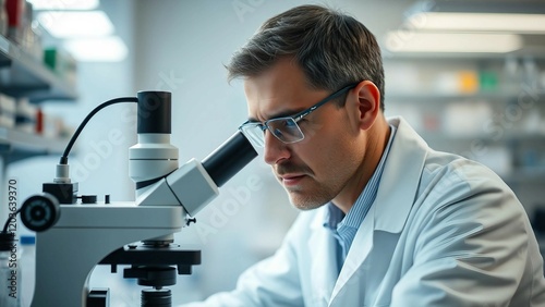 Molecular Biology Research Scientist Looking at a DNA Sample Under a Microscope in an Applied Scienc photo